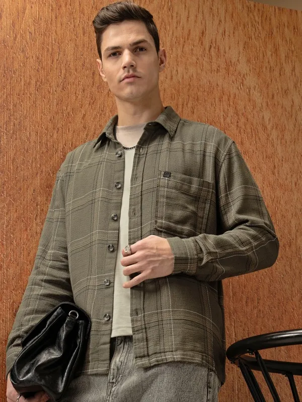  Locomotive Men Olive Checked Oversized Fit Casual Shirts
