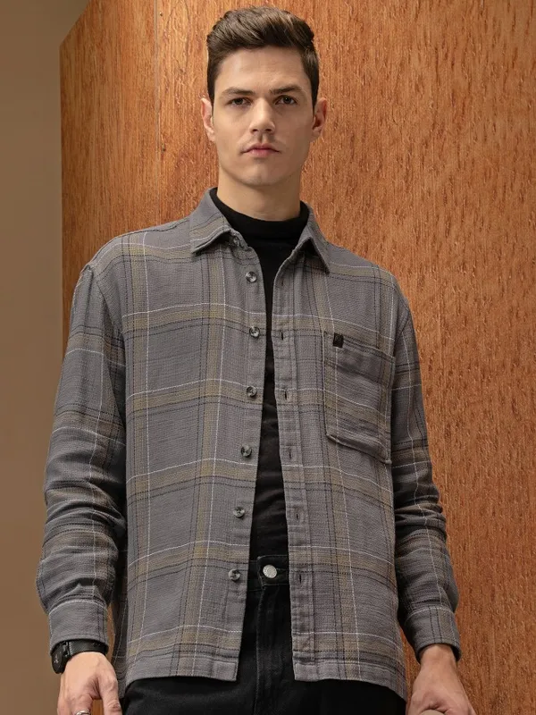  Locomotive Men Grey Checked Oversized Fit Casual Shirts