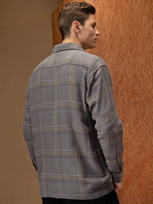  Locomotive Men Grey Checked Oversized Fit Casual Shirts