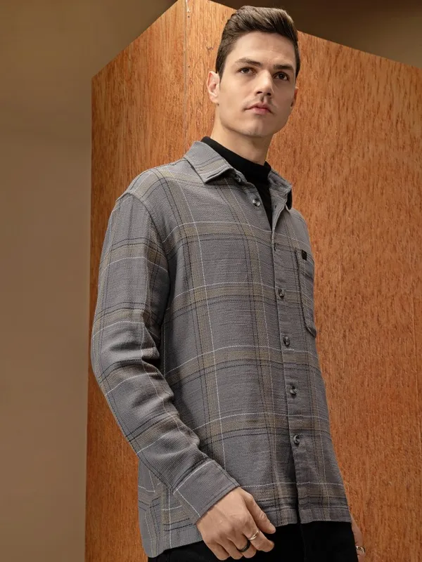  Locomotive Men Grey Checked Oversized Fit Casual Shirts