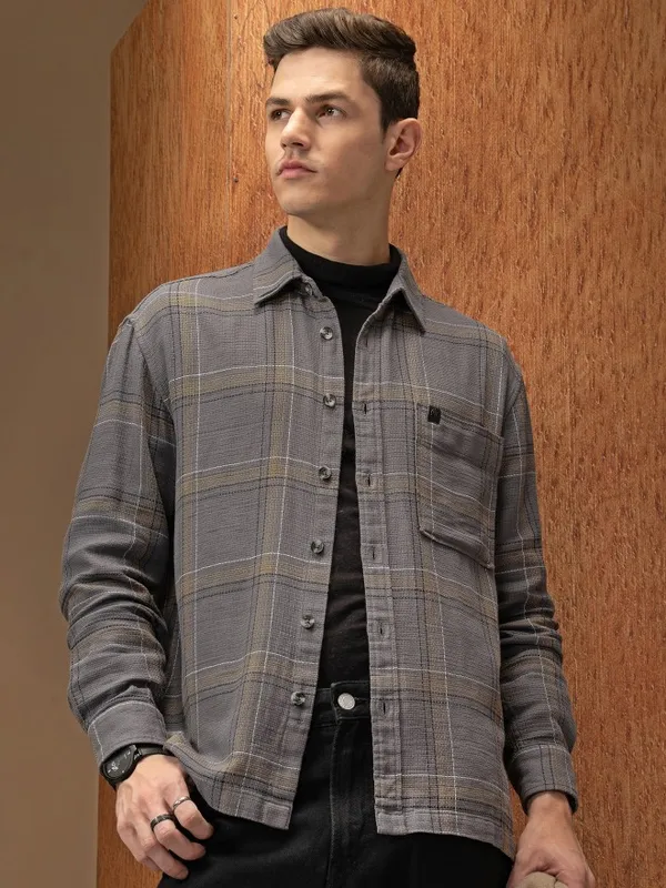  Locomotive Men Grey Checked Oversized Fit Casual Shirts