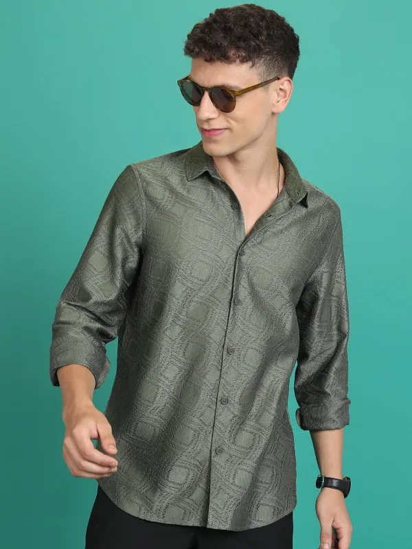  Highlander Men Olive Self Design Regular Fit Casual Shirts