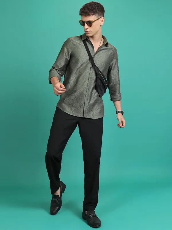  Highlander Men Olive Self Design Regular Fit Casual Shirts