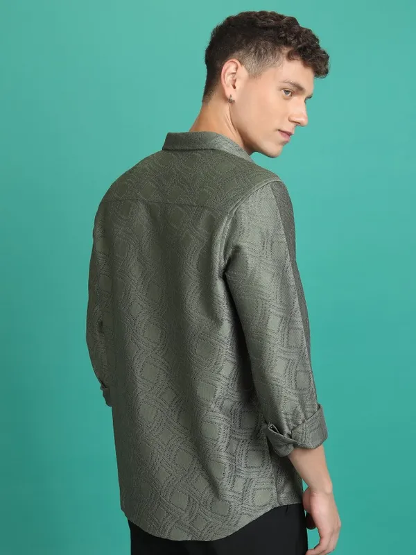  Highlander Men Olive Self Design Regular Fit Casual Shirts