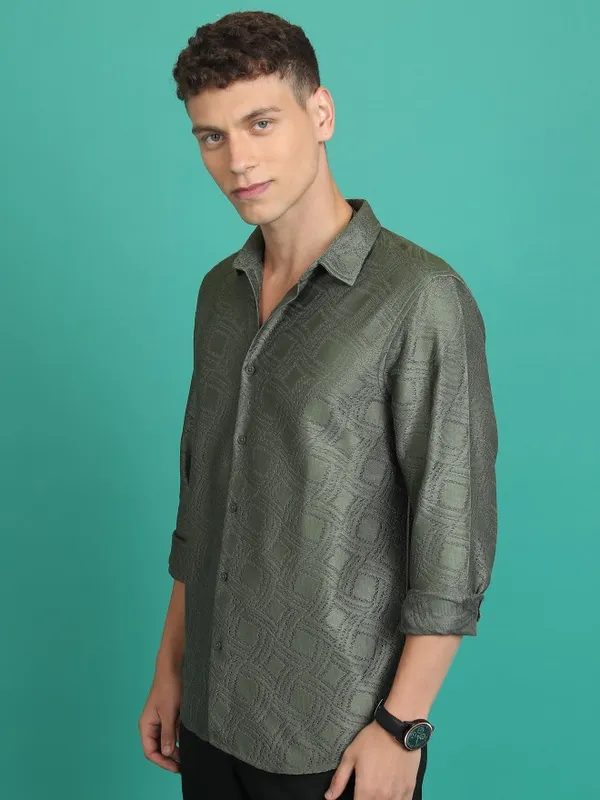  Highlander Men Olive Self Design Regular Fit Casual Shirts