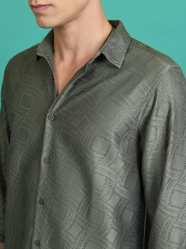  Highlander Men Olive Self Design Regular Fit Casual Shirts