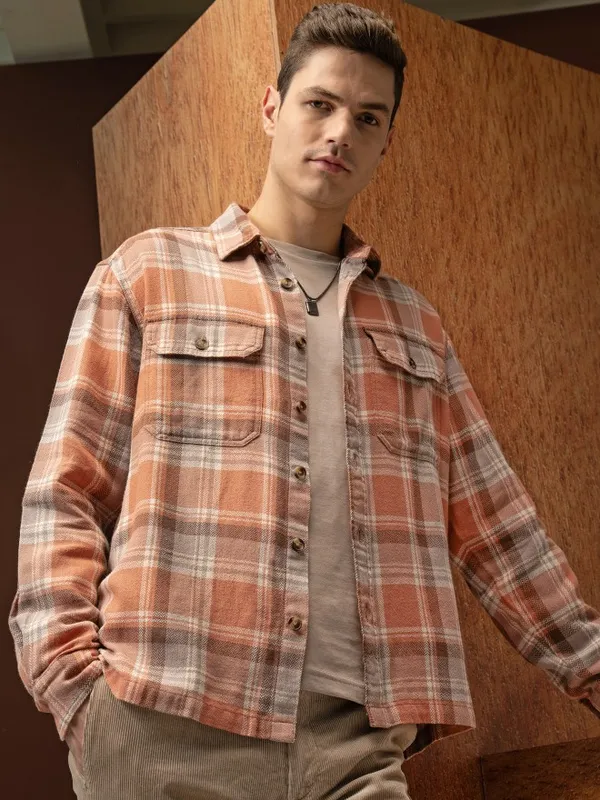  Locomotive Men Orange Checked Oversized Fit Casual Shirts