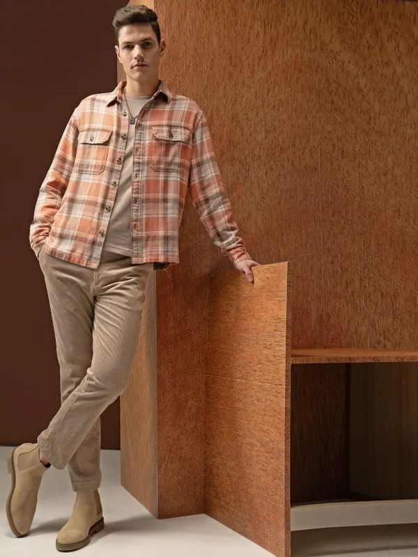  Locomotive Men Orange Checked Oversized Fit Casual Shirts