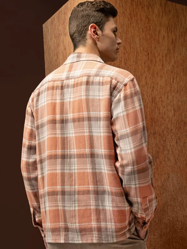  Locomotive Men Orange Checked Oversized Fit Casual Shirts