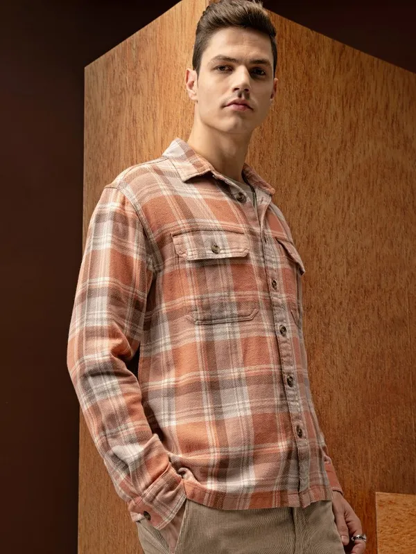  Locomotive Men Orange Checked Oversized Fit Casual Shirts