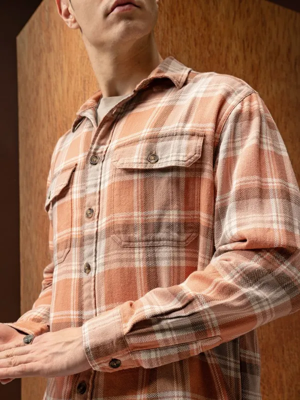  Locomotive Men Orange Checked Oversized Fit Casual Shirts