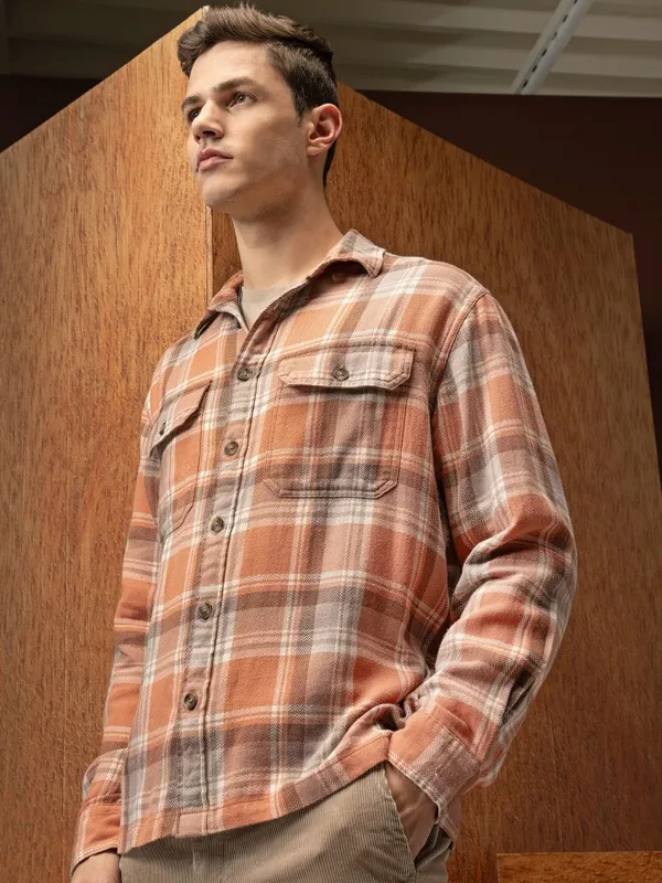  Locomotive Men Orange Checked Oversized Fit Casual Shirts