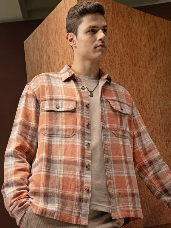 Locomotive Men Orange Checked Oversized Fit Casual Shirts