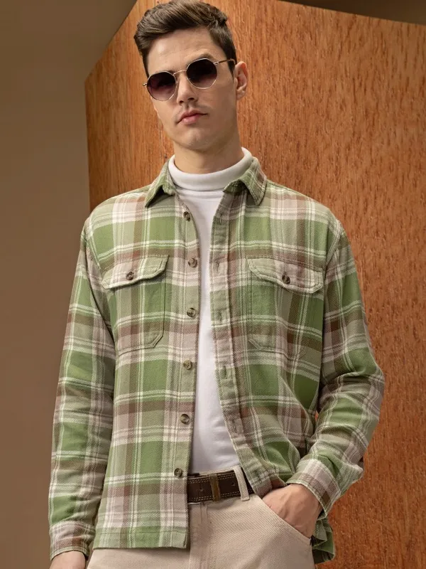  Locomotive Men Green Checked Oversized Fit Casual Shirts