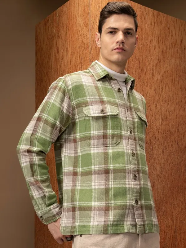  Locomotive Men Green Checked Oversized Fit Casual Shirts