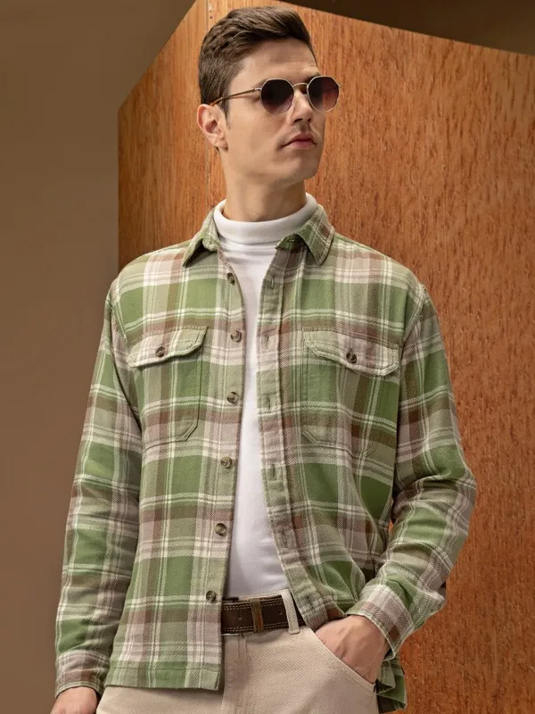  Locomotive Men Green Checked Oversized Fit Casual Shirts