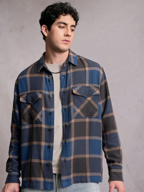  Locomotive Men Blue Checked Oversized Fit Casual Shirts