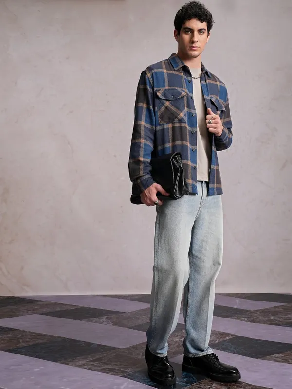  Locomotive Men Blue Checked Oversized Fit Casual Shirts