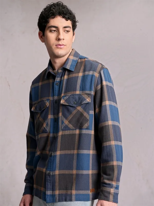  Locomotive Men Blue Checked Oversized Fit Casual Shirts