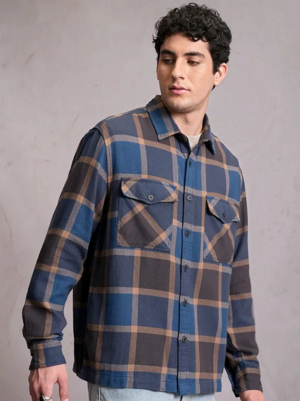  Locomotive Men Blue Checked Oversized Fit Casual Shirts