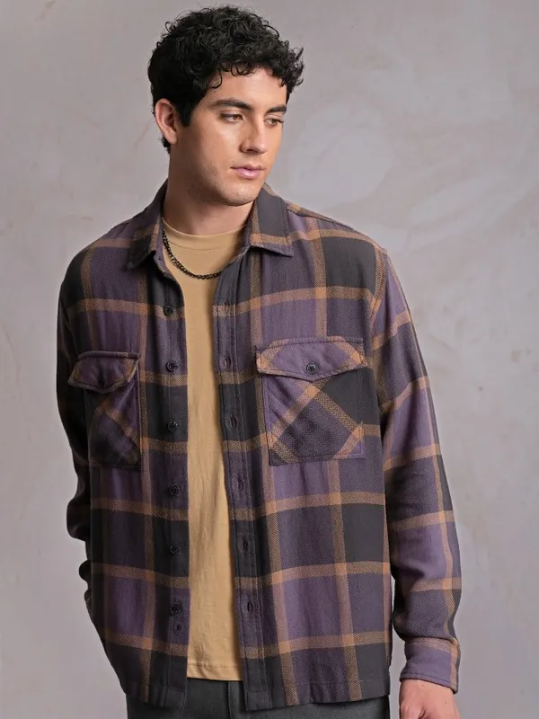  Locomotive Men Purple Checked Oversized Fit Casual Shirts