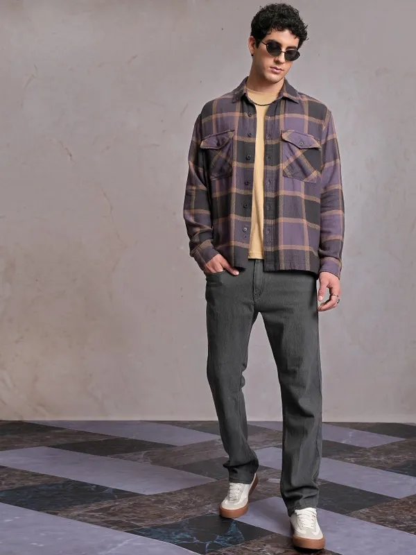  Locomotive Men Purple Checked Oversized Fit Casual Shirts