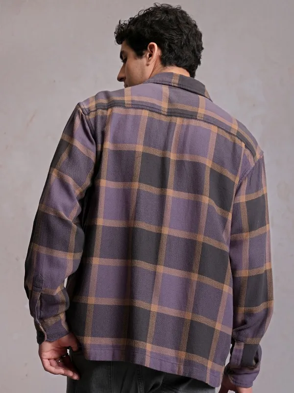  Locomotive Men Purple Checked Oversized Fit Casual Shirts