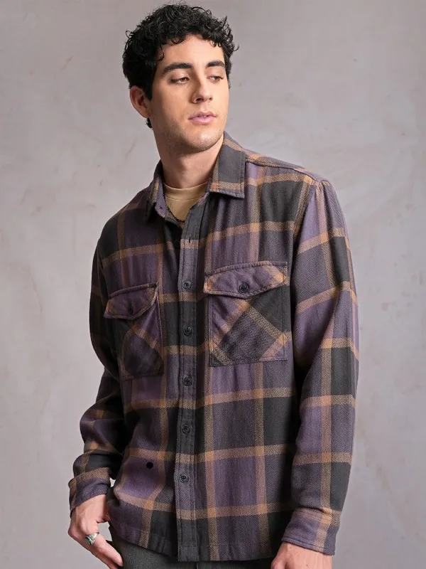  Locomotive Men Purple Checked Oversized Fit Casual Shirts