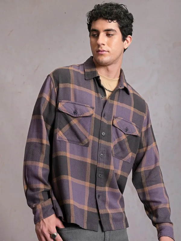  Locomotive Men Purple Checked Oversized Fit Casual Shirts