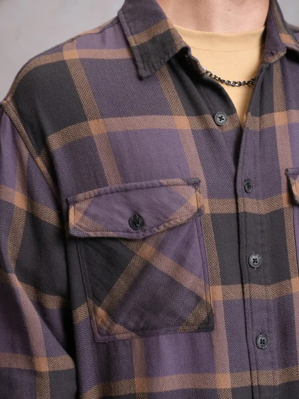  Locomotive Men Purple Checked Oversized Fit Casual Shirts