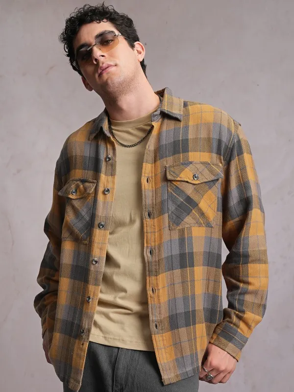  Locomotive Men Mustard Checked Oversized Fit Casual Shirts