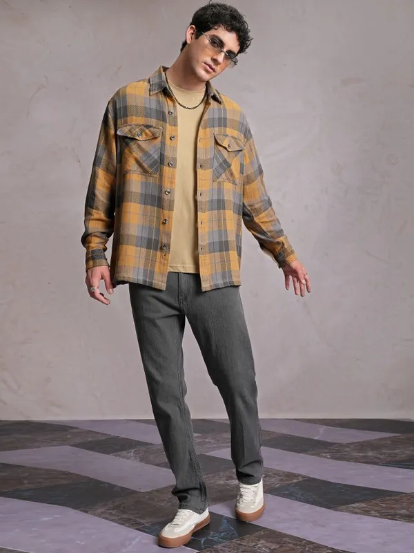  Locomotive Men Mustard Checked Oversized Fit Casual Shirts
