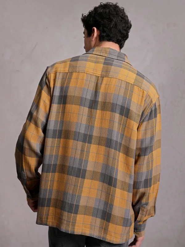  Locomotive Men Mustard Checked Oversized Fit Casual Shirts