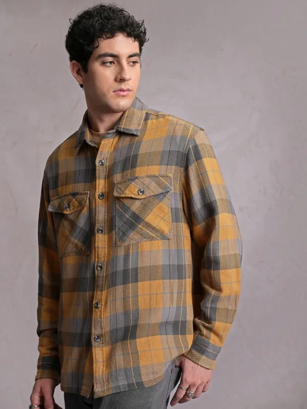  Locomotive Men Mustard Checked Oversized Fit Casual Shirts