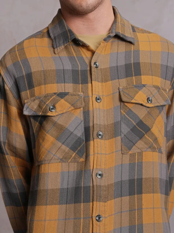  Locomotive Men Mustard Checked Oversized Fit Casual Shirts