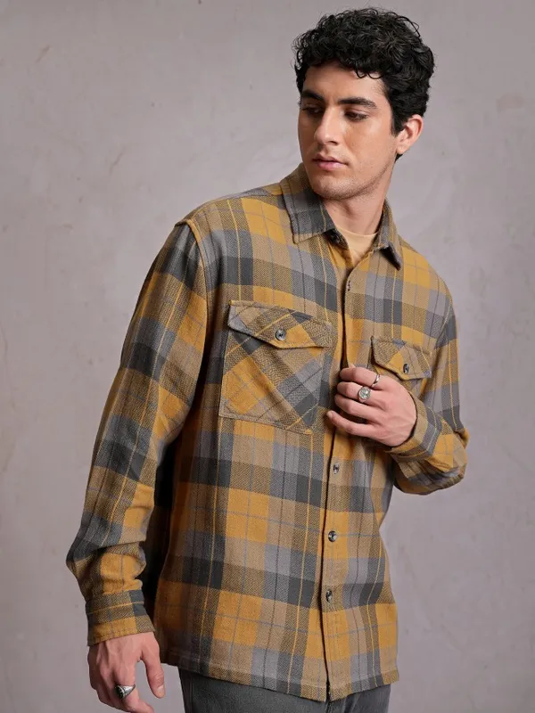  Locomotive Men Mustard Checked Oversized Fit Casual Shirts