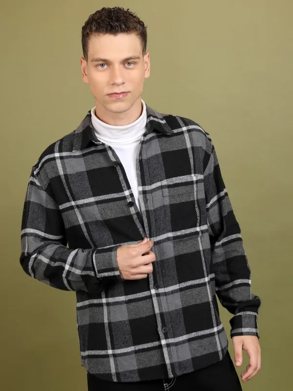 Highlander Men Black Checked Open Front Jacket