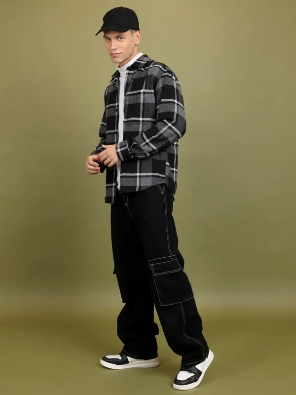 Highlander Men Black Checked Open Front Jacket