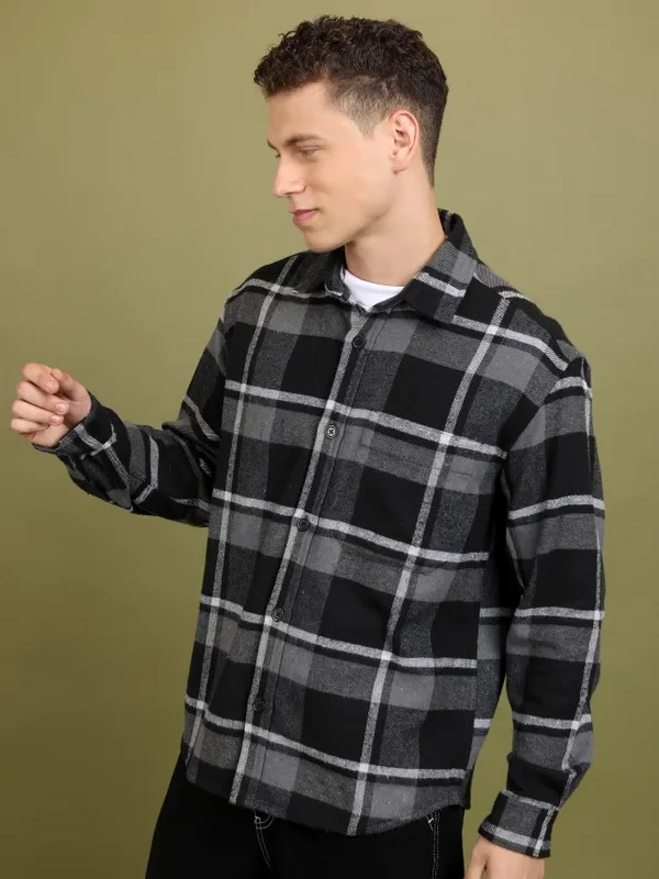 Highlander Men Black Checked Open Front Jacket