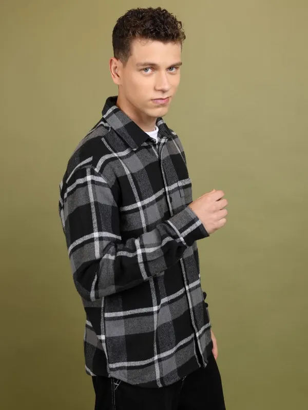 Highlander Men Black Checked Open Front Jacket