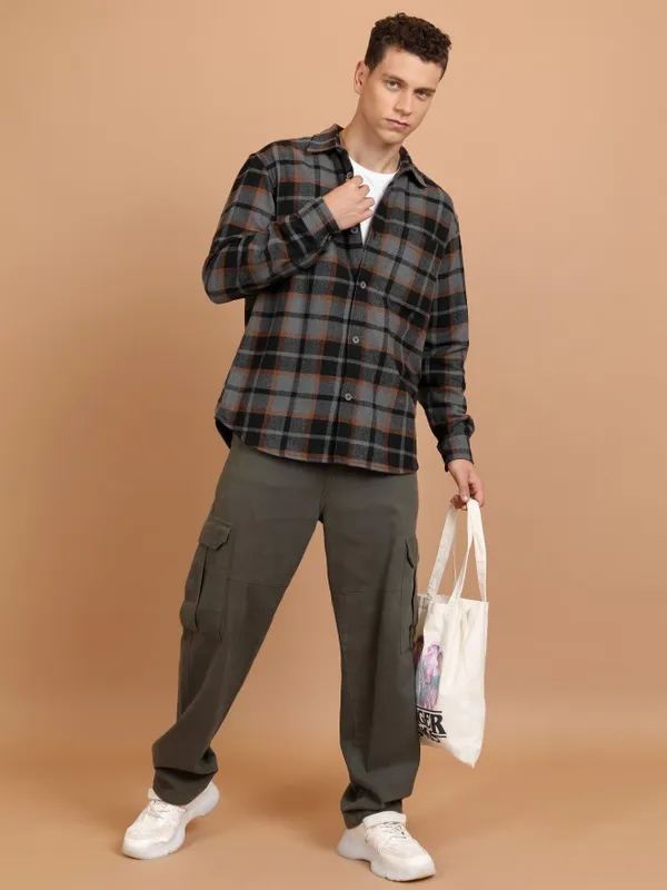 Highlander Men Grey Checked Oversized Fit Casual Shirts