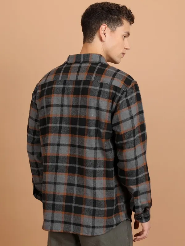  Highlander Men Grey Checked Oversized Fit Casual Shirts