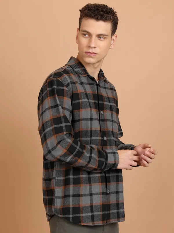  Highlander Men Grey Checked Oversized Fit Casual Shirts