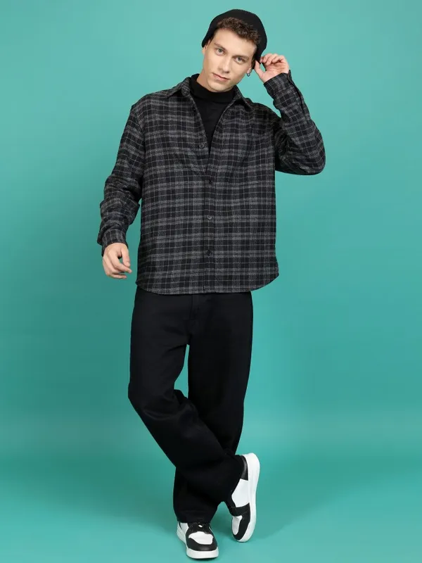 Highlander Men Black Checked Open Front Jacket