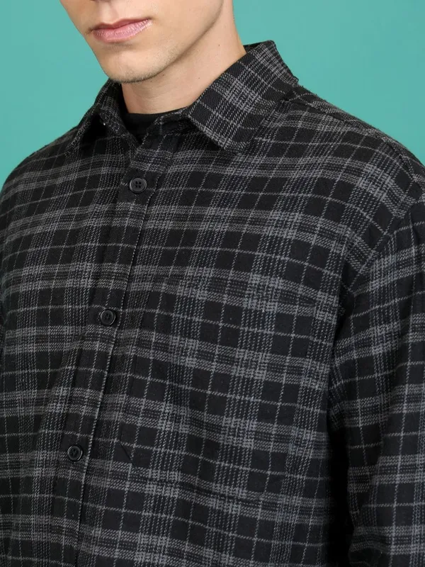 Highlander Men Black Checked Open Front Jacket