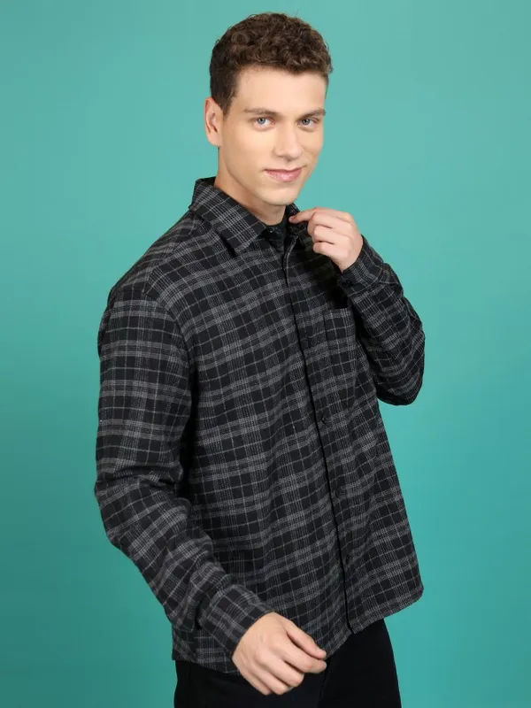 Highlander Men Black Checked Open Front Jacket