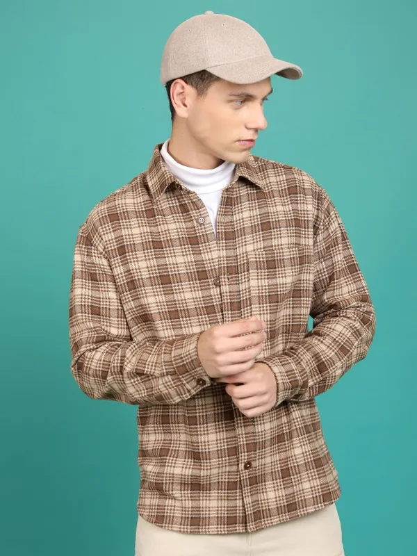 Highlander Men Brown Checked Open Front Jacket