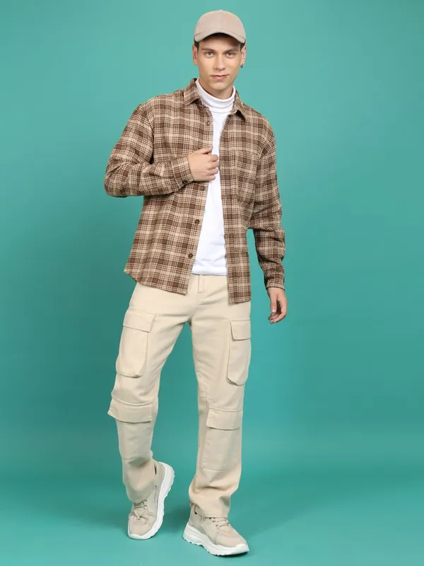Highlander Men Brown Checked Open Front Jacket