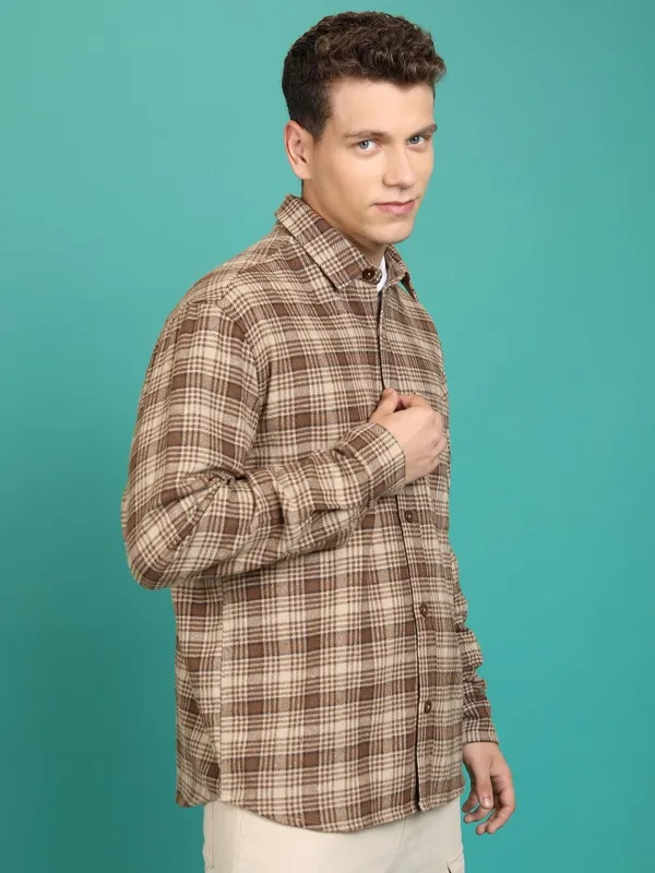 Highlander Men Brown Checked Open Front Jacket