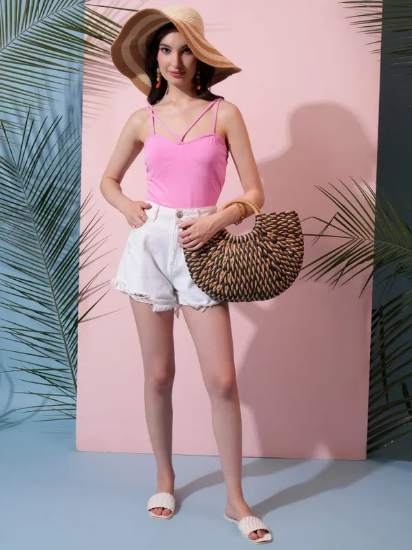 Tokyo Talkies Women Pink Solid Fitted Bodysuit